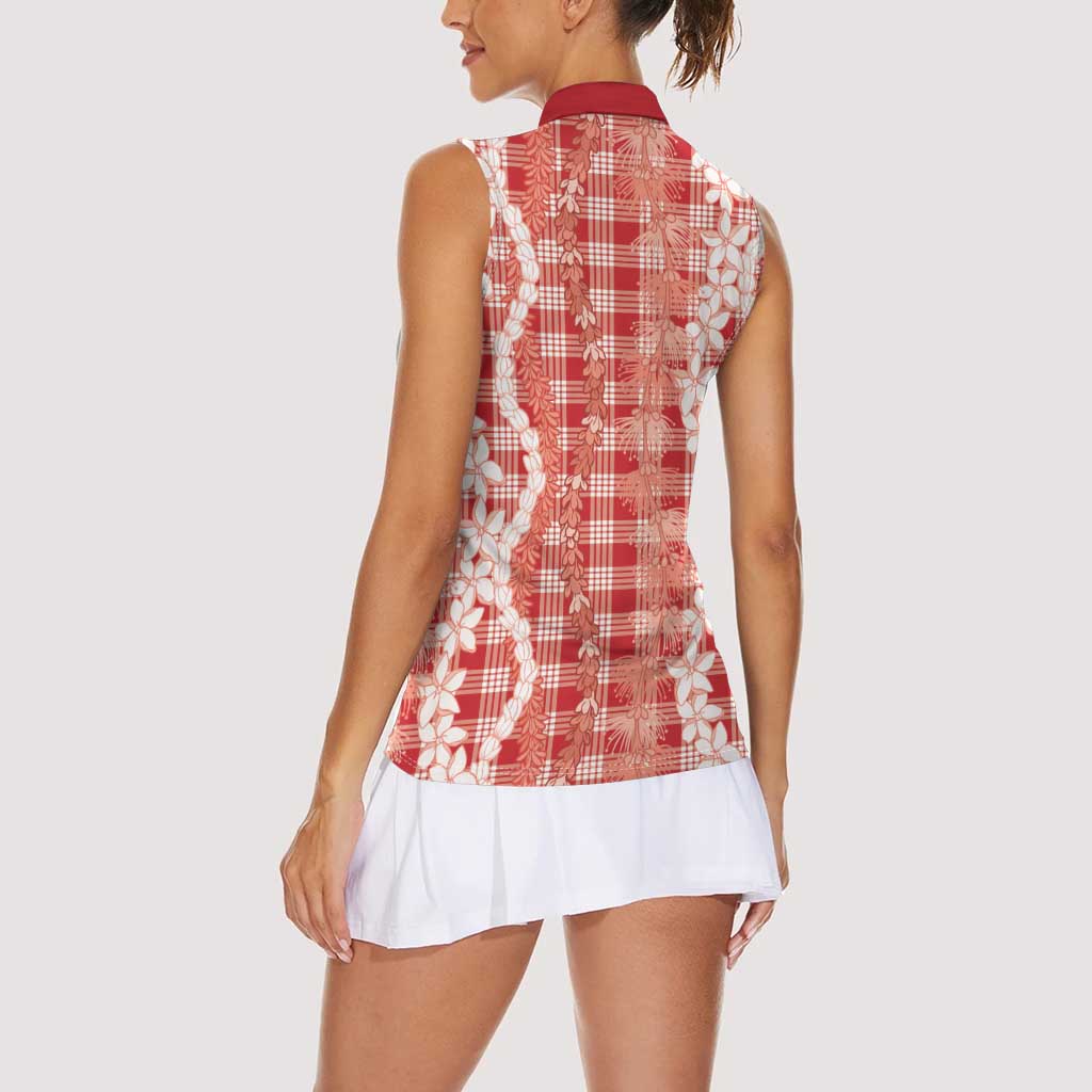 Hawaiian Ohia Lehua Lei Women Sleeveless Polo Shirt Plaid Palaka Ulaula Pattern - Polynesian Pride
