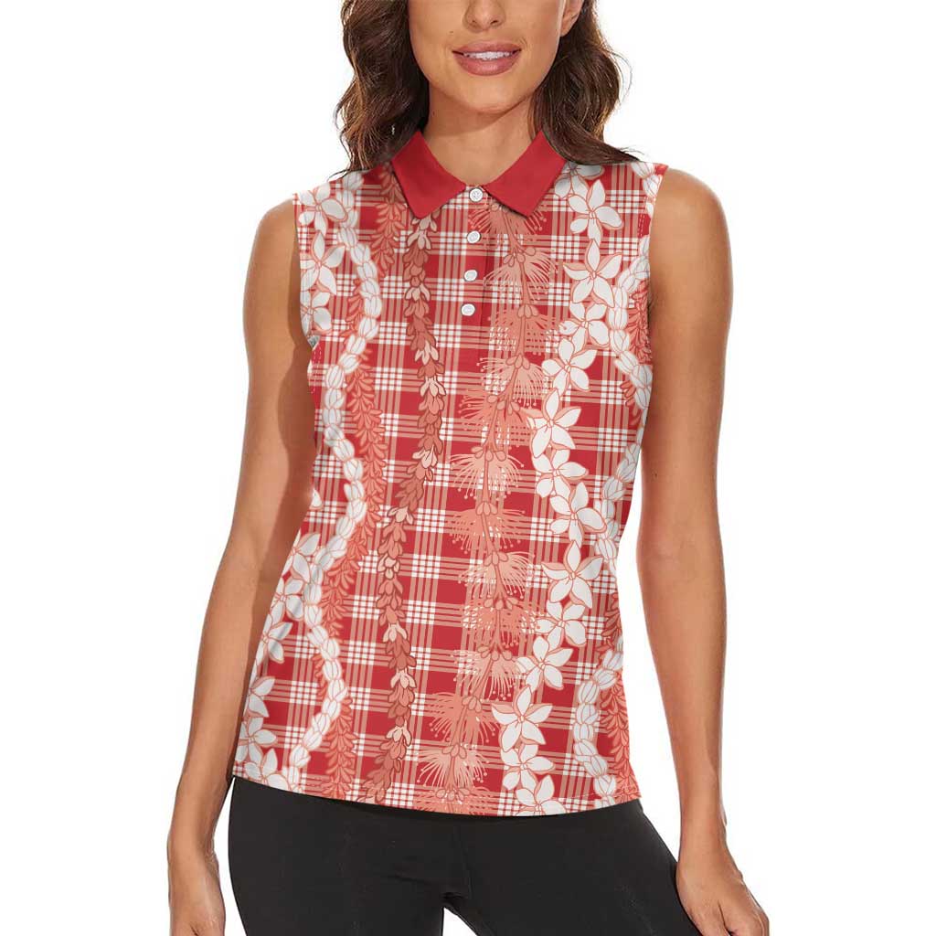 Hawaiian Ohia Lehua Lei Women Sleeveless Polo Shirt Plaid Palaka Ulaula Pattern - Polynesian Pride