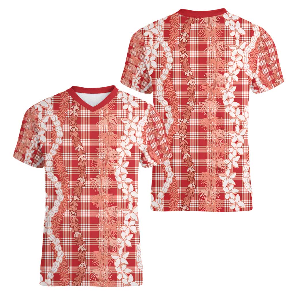 Hawaiian Ohia Lehua Lei Women V-Neck T-Shirt Plaid Palaka Ulaula Pattern - Polynesian Pride