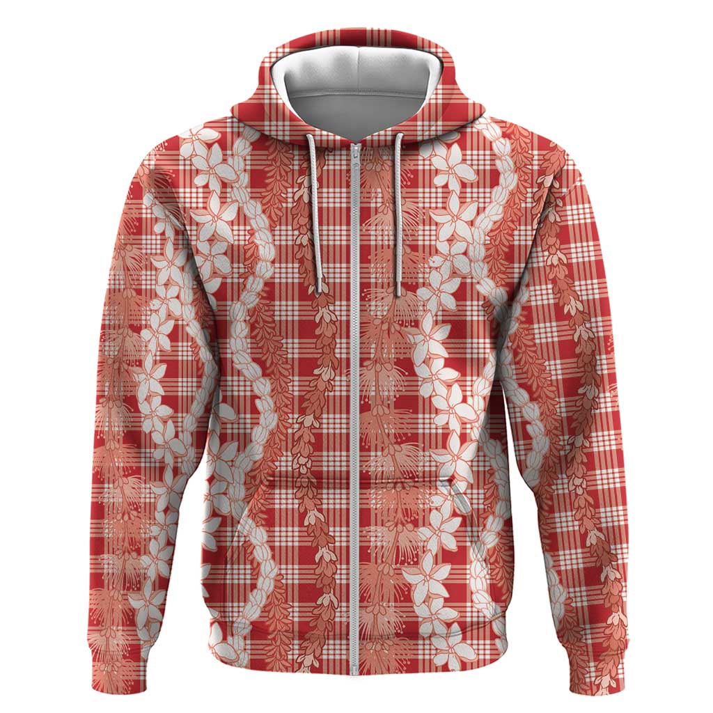 Hawaiian Ohia Lehua Lei Zip Hoodie Plaid Palaka Ulaula Pattern - Polynesian Pride
