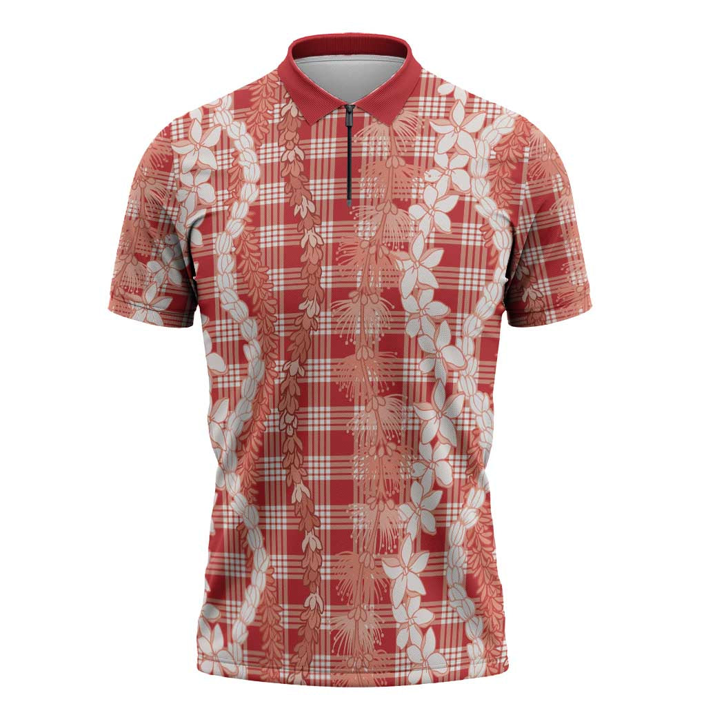 Hawaiian Ohia Lehua Lei Zipper Polo Shirt Plaid Palaka Ulaula Pattern - Polynesian Pride