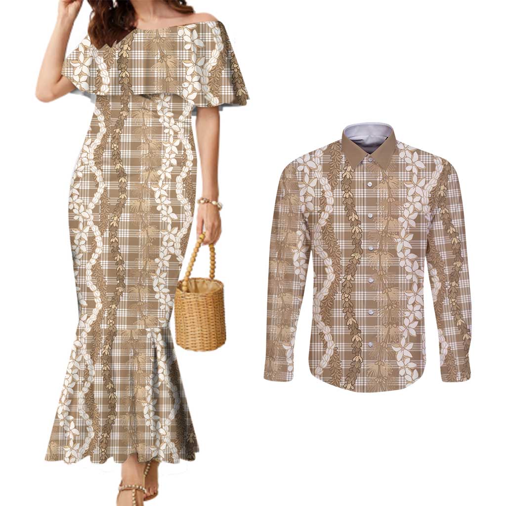 Hawaiian Ohia Lehua Lei Couples Matching Mermaid Dress and Long Sleeve Button Shirt Plaid Palaka Kalaihaahaa Pattern - Polynesian Pride
