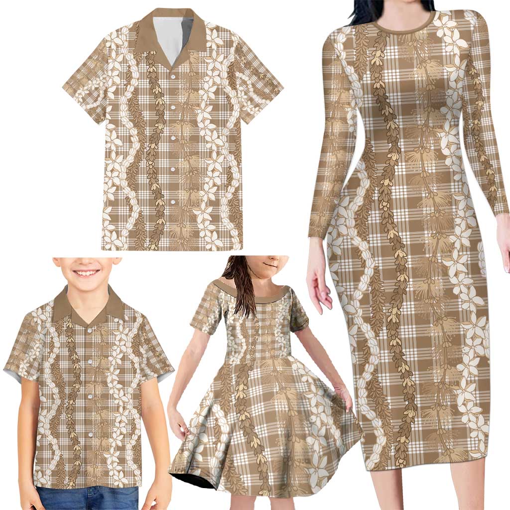 Hawaiian Ohia Lehua Lei Family Matching Long Sleeve Bodycon Dress and Hawaiian Shirt Plaid Palaka Kalaihaahaa Pattern - Polynesian Pride