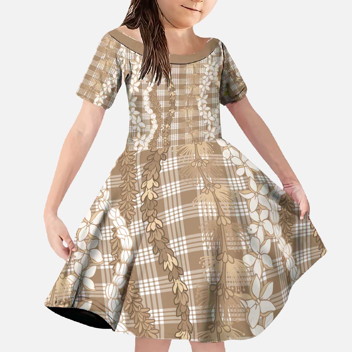 Hawaiian Ohia Lehua Lei Family Matching Off The Shoulder Long Sleeve Dress and Hawaiian Shirt Plaid Palaka Kalaihaahaa Pattern - Polynesian Pride