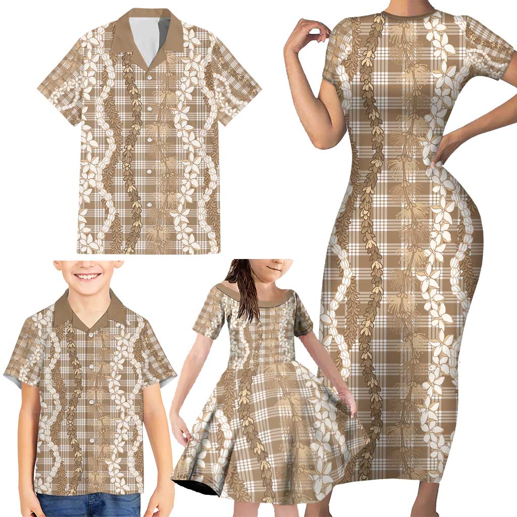 Hawaiian Ohia Lehua Lei Family Matching Short Sleeve Bodycon Dress and Hawaiian Shirt Plaid Palaka Kalaihaahaa Pattern - Polynesian Pride