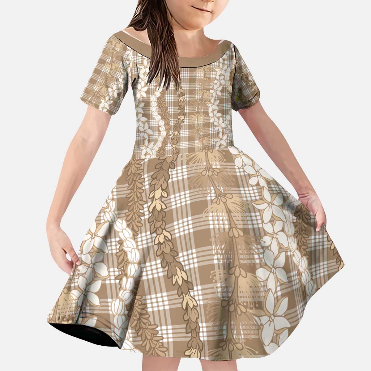 Hawaiian Ohia Lehua Lei Kid Short Sleeve Dress Plaid Palaka Kalaihaahaa Pattern - Polynesian Pride