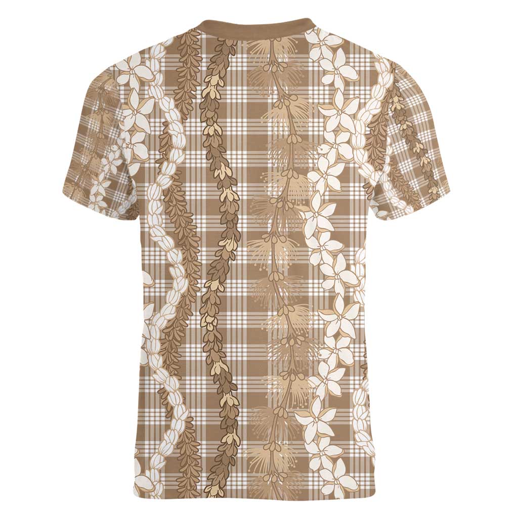 Hawaiian Ohia Lehua Lei Women V-Neck T-Shirt Plaid Palaka Kalaihaahaa Pattern - Polynesian Pride