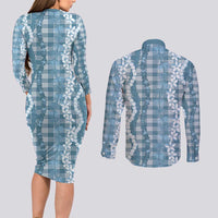 Hawaiian Ohia Lehua Lei Couples Matching Long Sleeve Bodycon Dress and Long Sleeve Button Shirt Plaid Palaka Uliuli Omaomao Pattern - Polynesian Pride