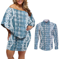 Hawaiian Ohia Lehua Lei Couples Matching Off Shoulder Short Dress and Long Sleeve Button Shirt Plaid Palaka Uliuli Omaomao Pattern - Polynesian Pride