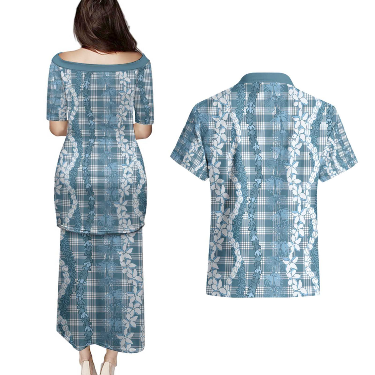 Hawaiian Ohia Lehua Lei Couples Matching Puletasi and Hawaiian Shirt Plaid Palaka Uliuli Omaomao Pattern - Polynesian Pride