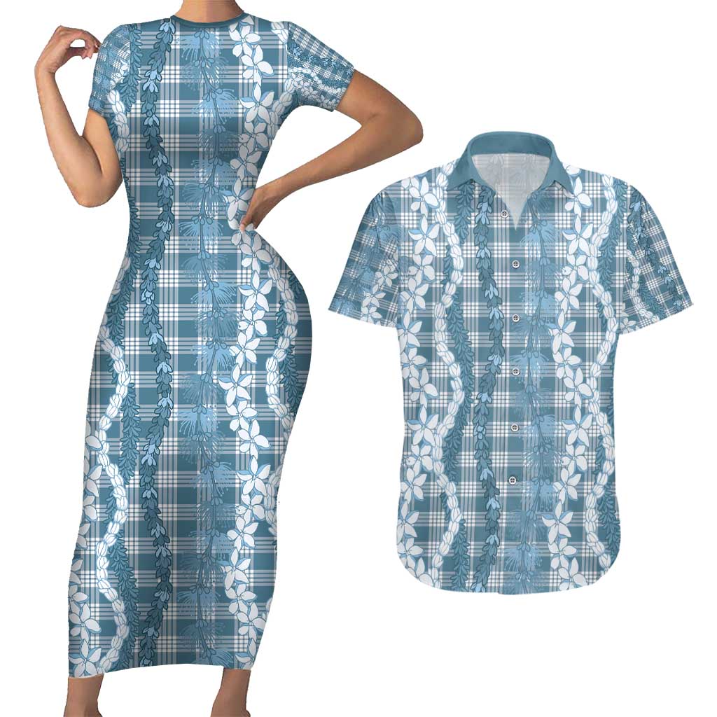 Hawaiian Ohia Lehua Lei Couples Matching Short Sleeve Bodycon Dress and Hawaiian Shirt Plaid Palaka Uliuli Omaomao Pattern - Polynesian Pride