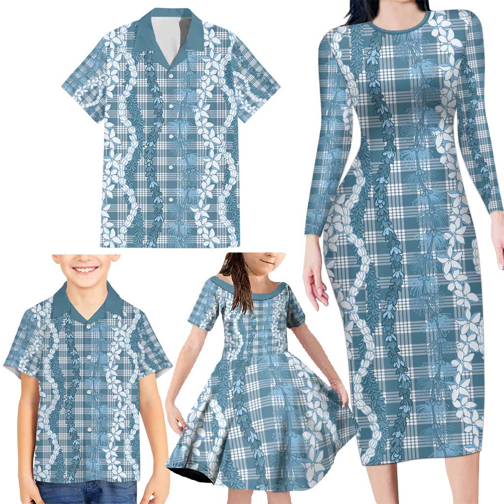 Hawaiian Ohia Lehua Lei Family Matching Long Sleeve Bodycon Dress and Hawaiian Shirt Plaid Palaka Uliuli Omaomao Pattern - Polynesian Pride