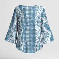 Hawaiian Ohia Lehua Lei Kimono Sleeve Blouse Plaid Palaka Uliuli Omaomao Pattern - Polynesian Pride
