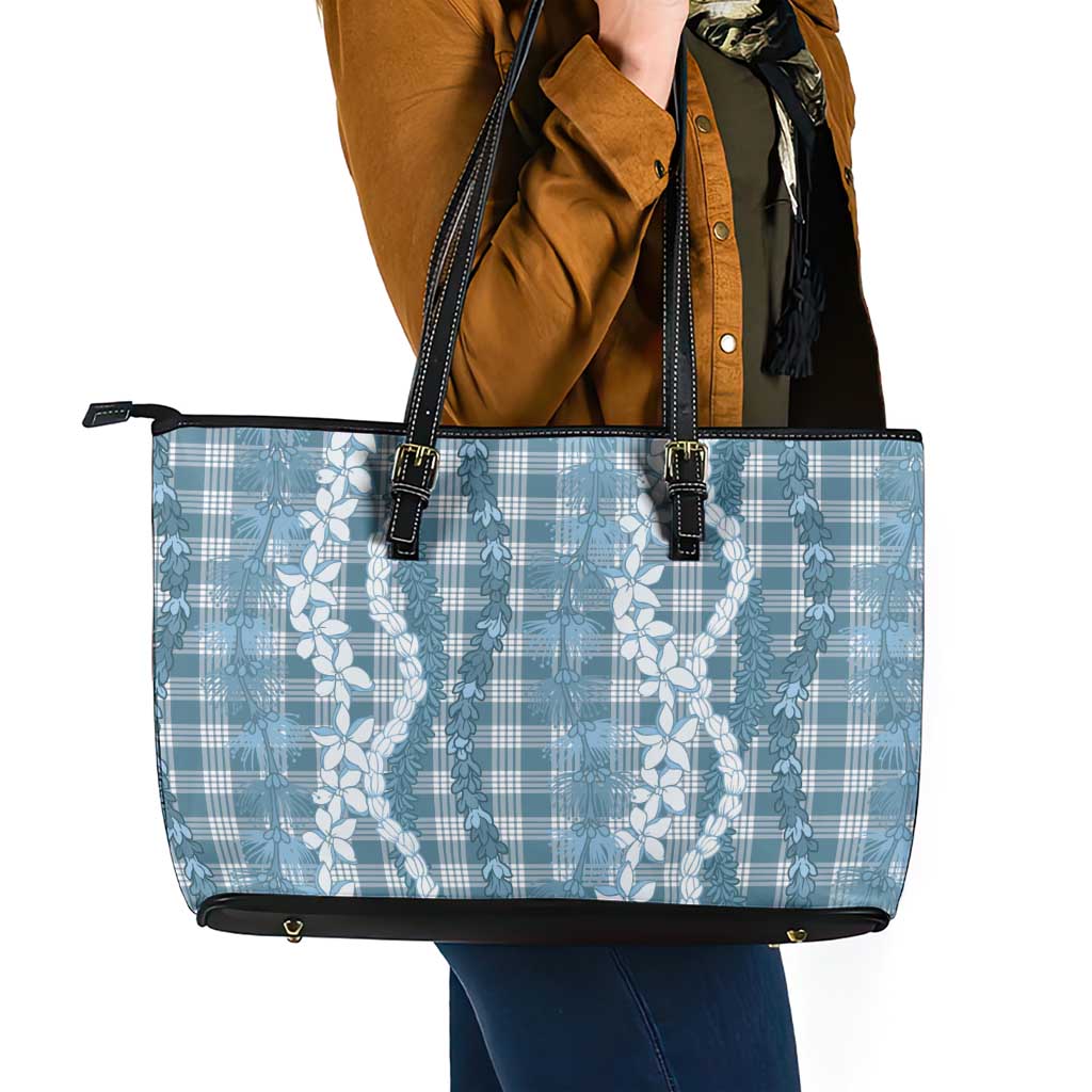 Hawaiian Ohia Lehua Lei Leather Tote Bag Plaid Palaka Uliuli Omaomao Pattern - Polynesian Pride