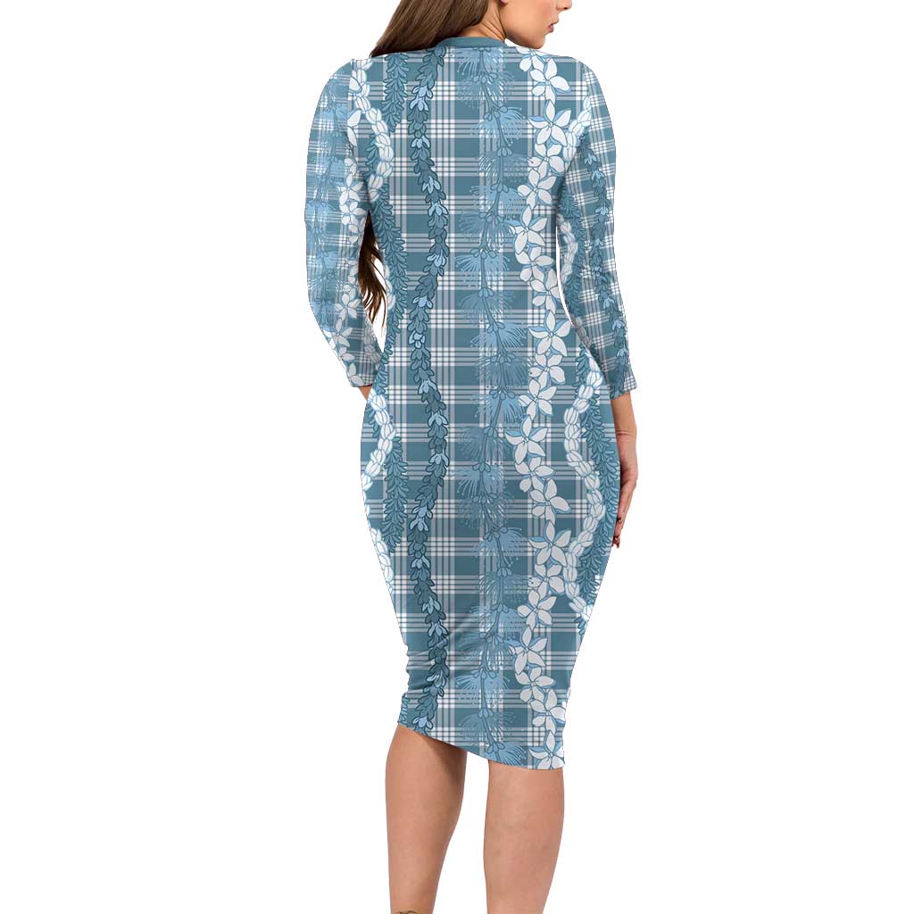 Hawaiian Ohia Lehua Lei Long Sleeve Bodycon Dress Plaid Palaka Uliuli Omaomao Pattern - Polynesian Pride