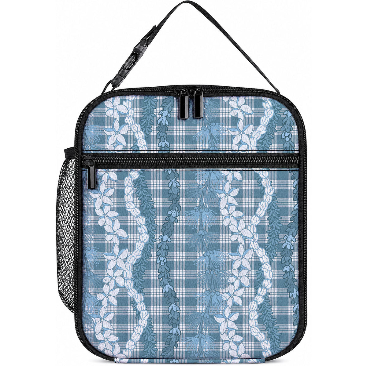 Hawaiian Ohia Lehua Lei Lunch Bag Plaid Palaka Uliuli Omaomao Pattern LT9 10.2 × 8.3 × 4.3 inch Teal - Polynesian Pride