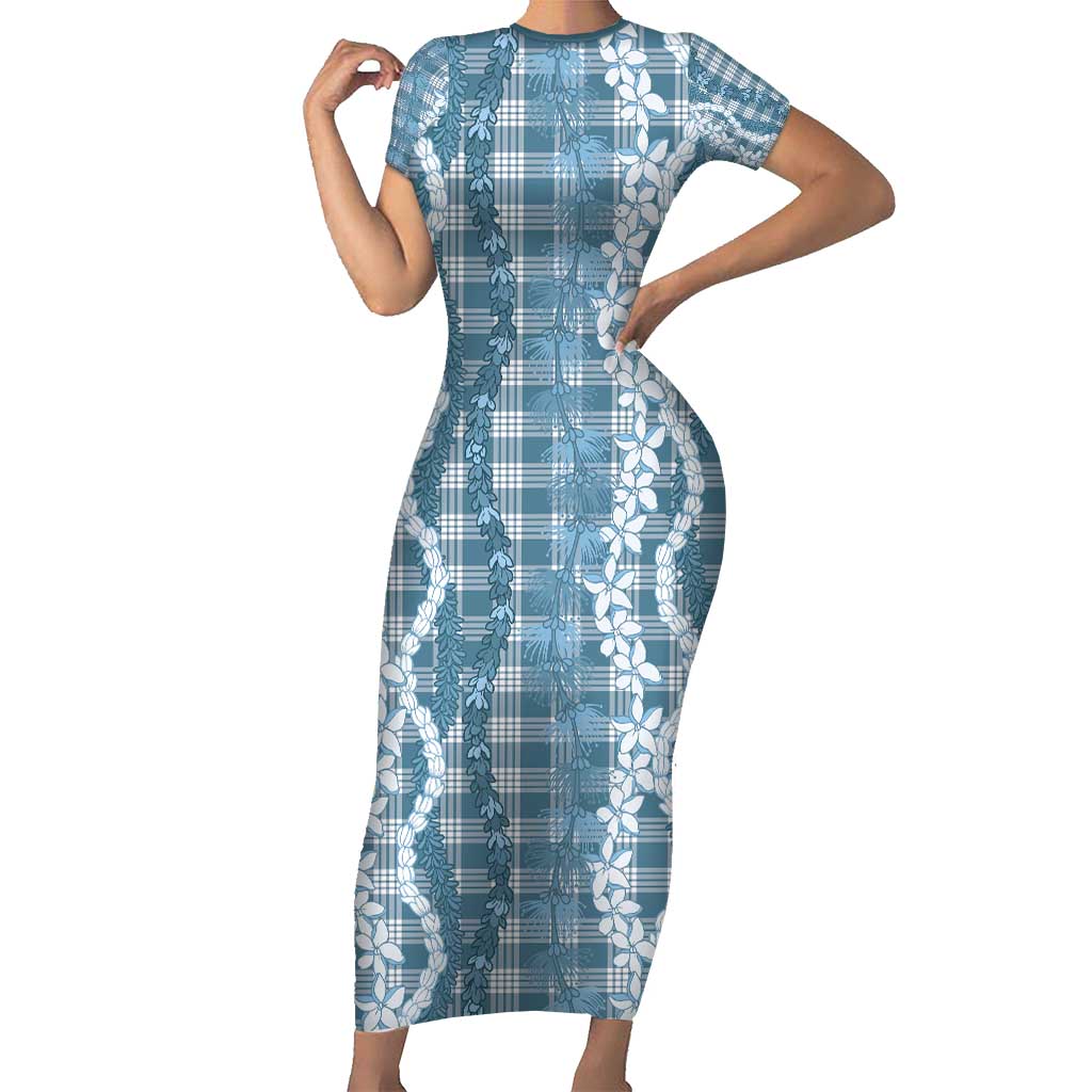 Hawaiian Ohia Lehua Lei Short Sleeve Bodycon Dress Plaid Palaka Uliuli Omaomao Pattern - Polynesian Pride
