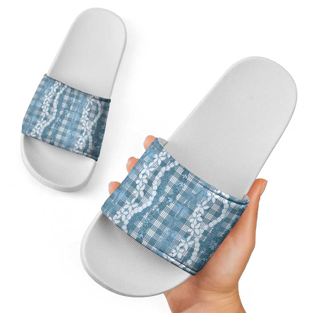 Hawaiian Ohia Lehua Lei Slide Sandals Plaid Palaka Uliuli Omaomao Pattern - Polynesian Pride
