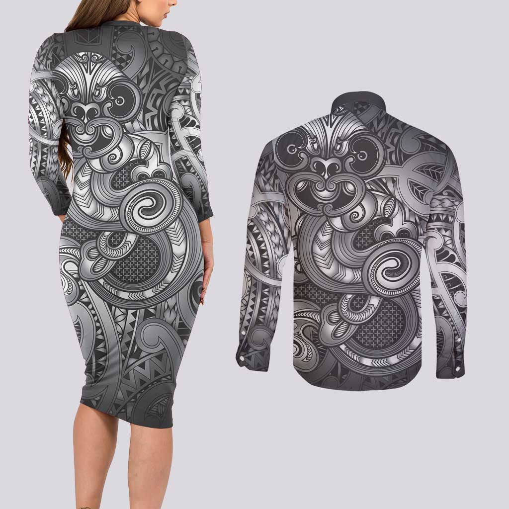 Aotearoa Maori Hei Tiki Couples Matching Long Sleeve Bodycon Dress and Long Sleeve Button Shirt Kiwikiwi Kowhaiwhai Puhoro Motif LT9 - Polynesian Pride