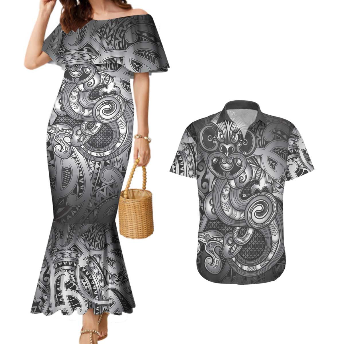 Aotearoa Maori Hei Tiki Couples Matching Mermaid Dress and Hawaiian Shirt Kiwikiwi Kowhaiwhai Puhoro Motif
