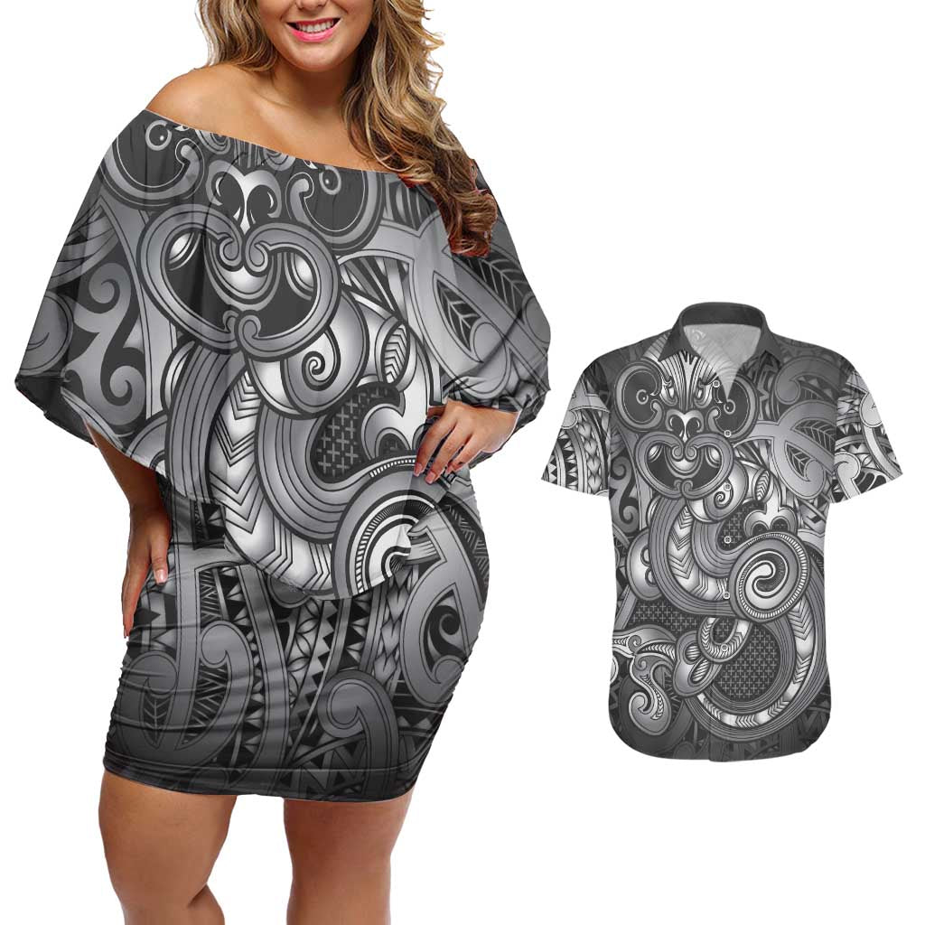 Aotearoa Maori Hei Tiki Couples Matching Off Shoulder Short Dress and Hawaiian Shirt Kiwikiwi Kowhaiwhai Puhoro Motif LT9 Grey - Polynesian Pride
