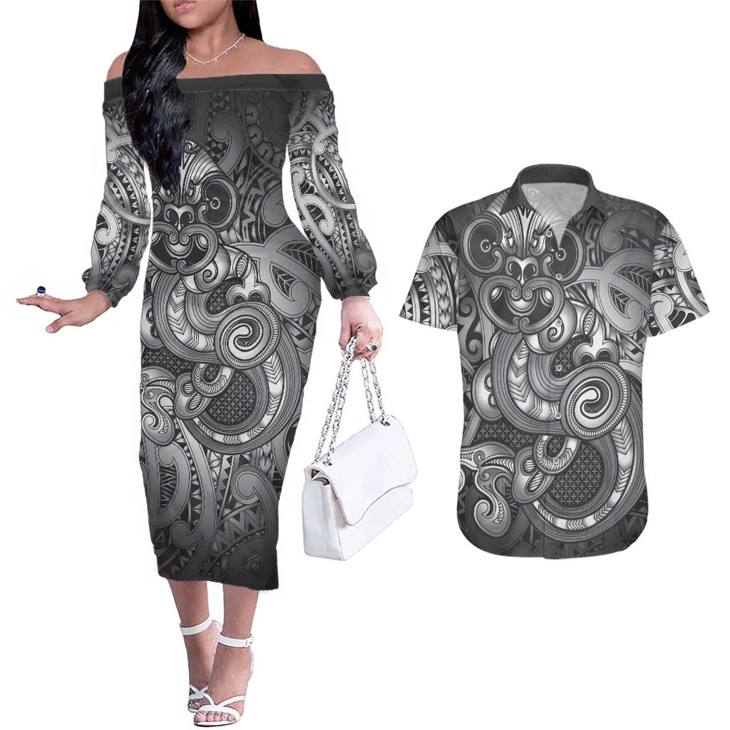 Aotearoa Maori Hei Tiki Couples Matching Off The Shoulder Long Sleeve Dress and Hawaiian Shirt Kiwikiwi Kowhaiwhai Puhoro Motif LT9 Grey - Polynesian Pride