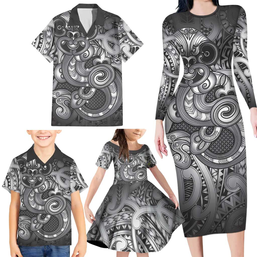 Aotearoa Maori Hei Tiki Family Matching Long Sleeve Bodycon Dress and Hawaiian Shirt Kiwikiwi Kowhaiwhai Puhoro Motif