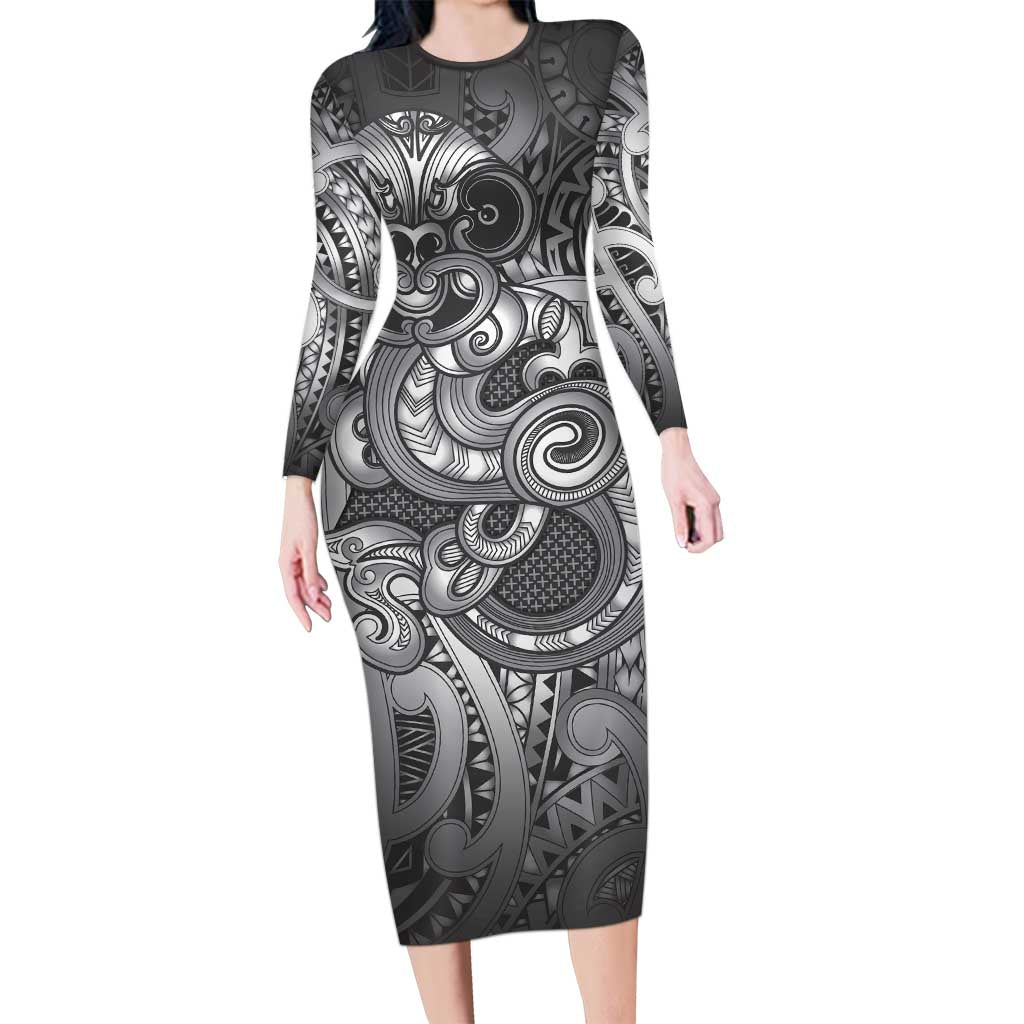 Aotearoa Maori Hei Tiki Family Matching Long Sleeve Bodycon Dress and Hawaiian Shirt Kiwikiwi Kowhaiwhai Puhoro Motif LT9 Mom's Dress Grey - Polynesian Pride