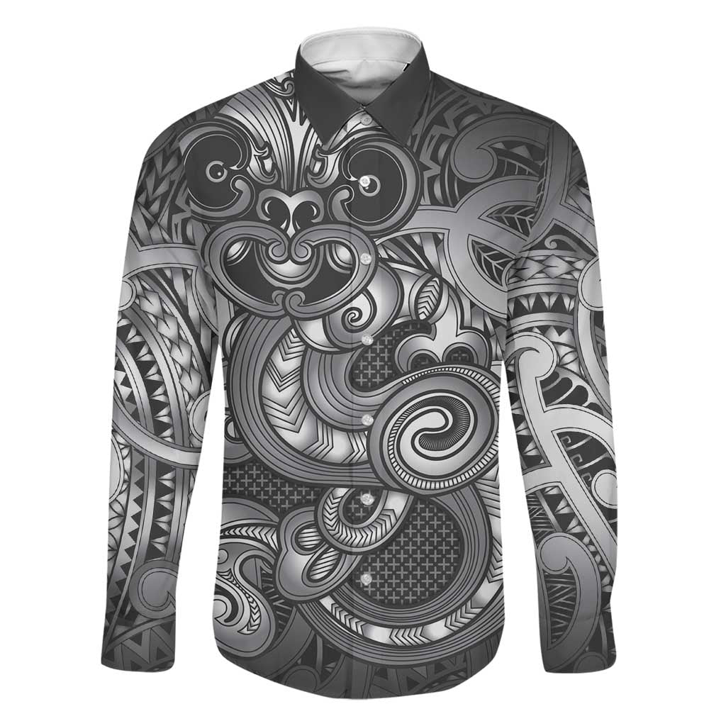 Aotearoa Maori Hei Tiki Family Matching Mermaid Dress and Hawaiian Shirt Kiwikiwi Kowhaiwhai Puhoro Motif LT9 Dad's Shirt - Long Sleeve Grey - Polynesian Pride