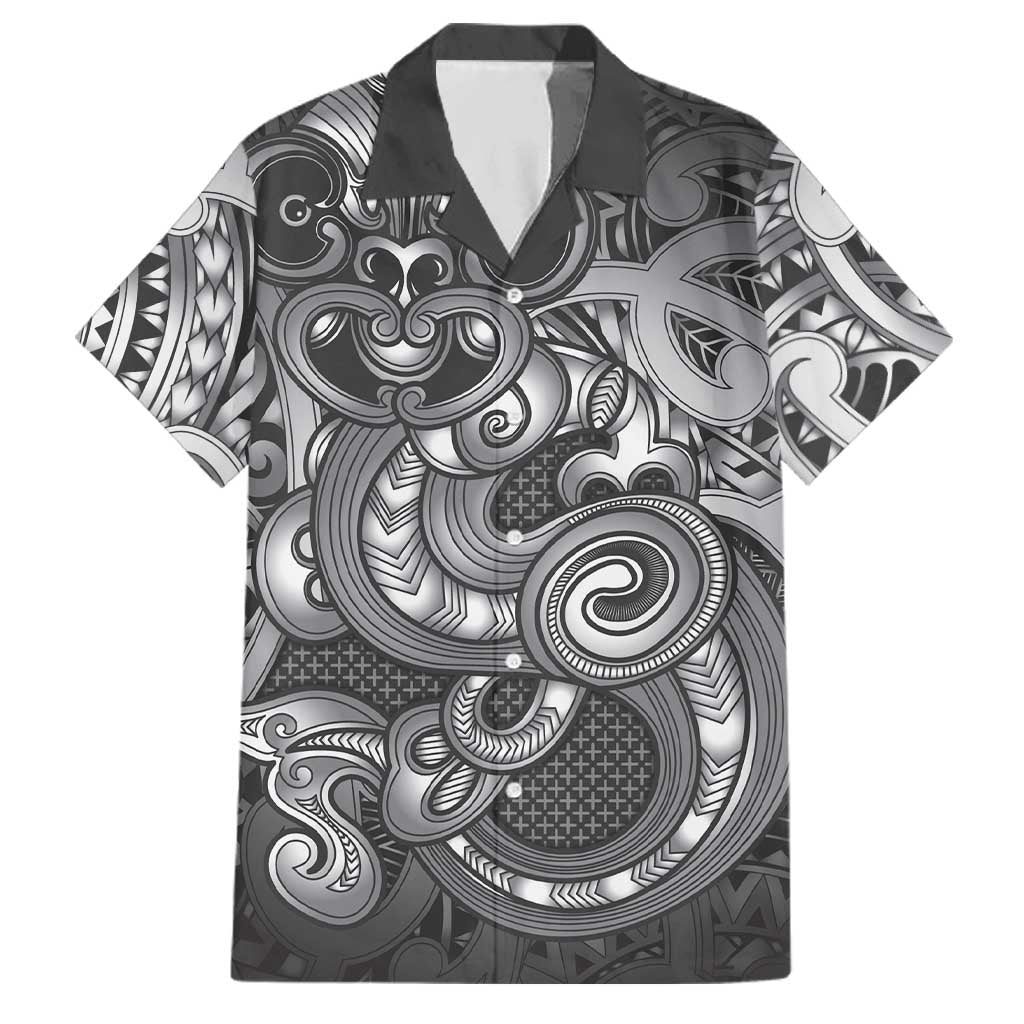 Aotearoa Maori Hei Tiki Family Matching Off The Shoulder Long Sleeve Dress and Hawaiian Shirt Kiwikiwi Kowhaiwhai Puhoro Motif LT9 Dad's Shirt - Short Sleeve Grey - Polynesian Pride