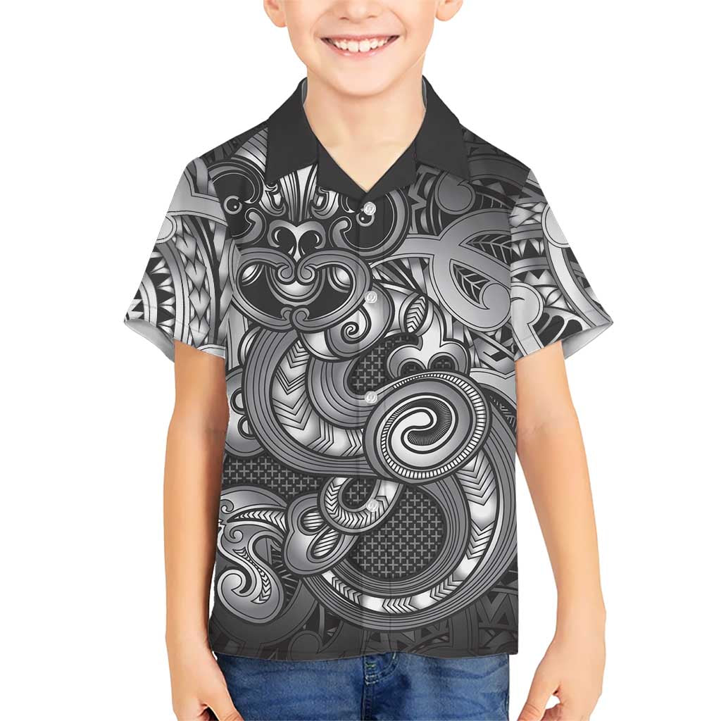 Aotearoa Maori Hei Tiki Family Matching Off Shoulder Maxi Dress and Hawaiian Shirt Kiwikiwi Kowhaiwhai Puhoro Motif LT9 Son's Shirt Grey - Polynesian Pride