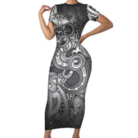 Aotearoa Maori Hei Tiki Family Matching Short Sleeve Bodycon Dress and Hawaiian Shirt Kiwikiwi Kowhaiwhai Puhoro Motif LT9 Mom's Dress Grey - Polynesian Pride