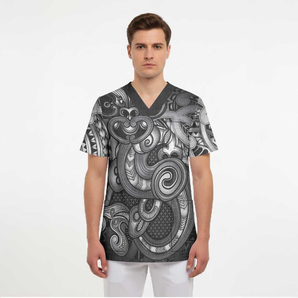 Aotearoa Maori Hei Tiki Scrub Top Kiwikiwi Kowhaiwhai Puhoro Motif
