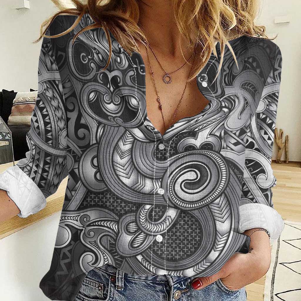 Aotearoa Maori Hei Tiki Women Casual Shirt Kiwikiwi Kowhaiwhai Puhoro Motif LT9 Female Grey - Polynesian Pride