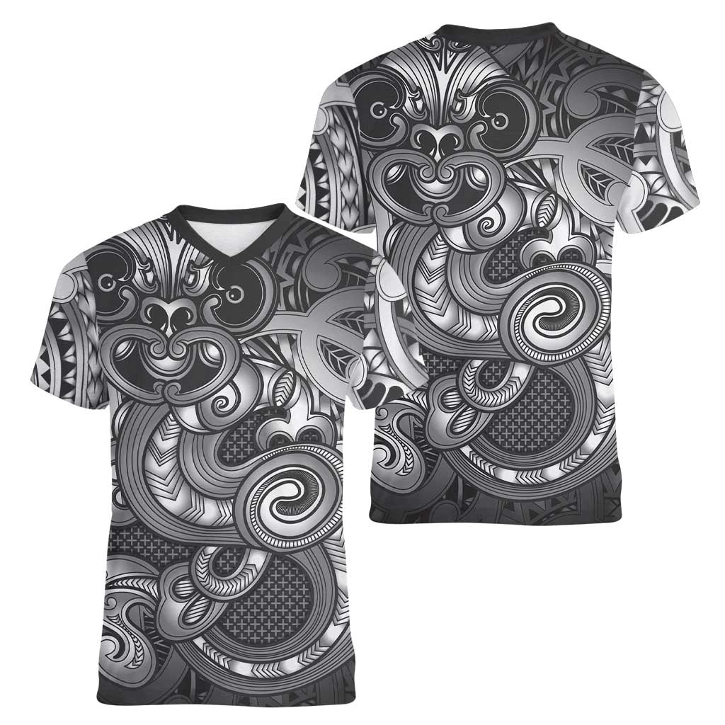 Aotearoa Maori Hei Tiki Women V-Neck T-Shirt Kiwikiwi Kowhaiwhai Puhoro Motif LT9 - Polynesian Pride