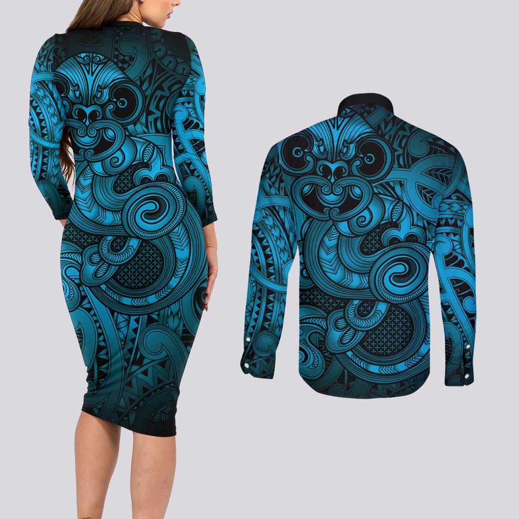 Aotearoa Maori Hei Tiki Couples Matching Long Sleeve Bodycon Dress and Long Sleeve Button Shirt Kikorangi Kowhaiwhai Puhoro Motif LT9 - Polynesian Pride