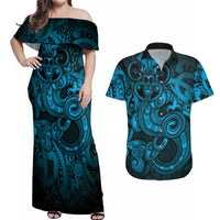 Aotearoa Maori Hei Tiki Couples Matching Off Shoulder Maxi Dress and Hawaiian Shirt Kikorangi Kowhaiwhai Puhoro Motif LT9 Blue - Polynesian Pride