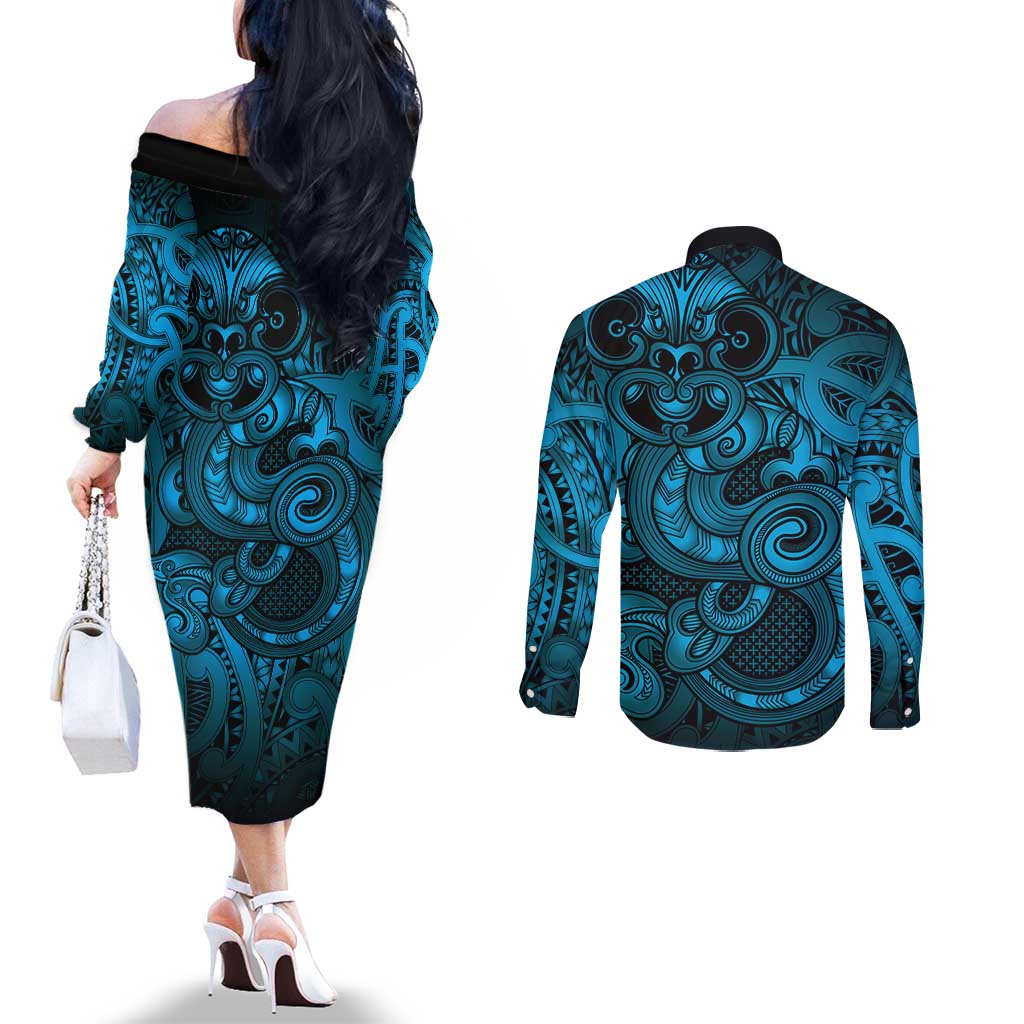 Aotearoa Maori Hei Tiki Couples Matching Off The Shoulder Long Sleeve Dress and Long Sleeve Button Shirt Kikorangi Kowhaiwhai Puhoro Motif LT9 - Polynesian Pride