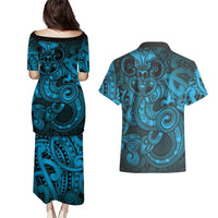 Aotearoa Maori Hei Tiki Couples Matching Puletasi and Hawaiian Shirt Kikorangi Kowhaiwhai Puhoro Motif LT9 - Polynesian Pride
