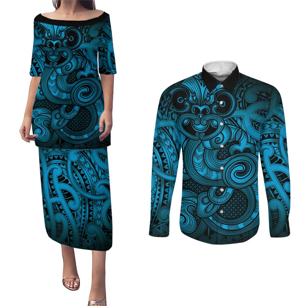 Aotearoa Maori Hei Tiki Couples Matching Puletasi and Long Sleeve Button Shirt Kikorangi Kowhaiwhai Puhoro Motif LT9 Blue - Polynesian Pride