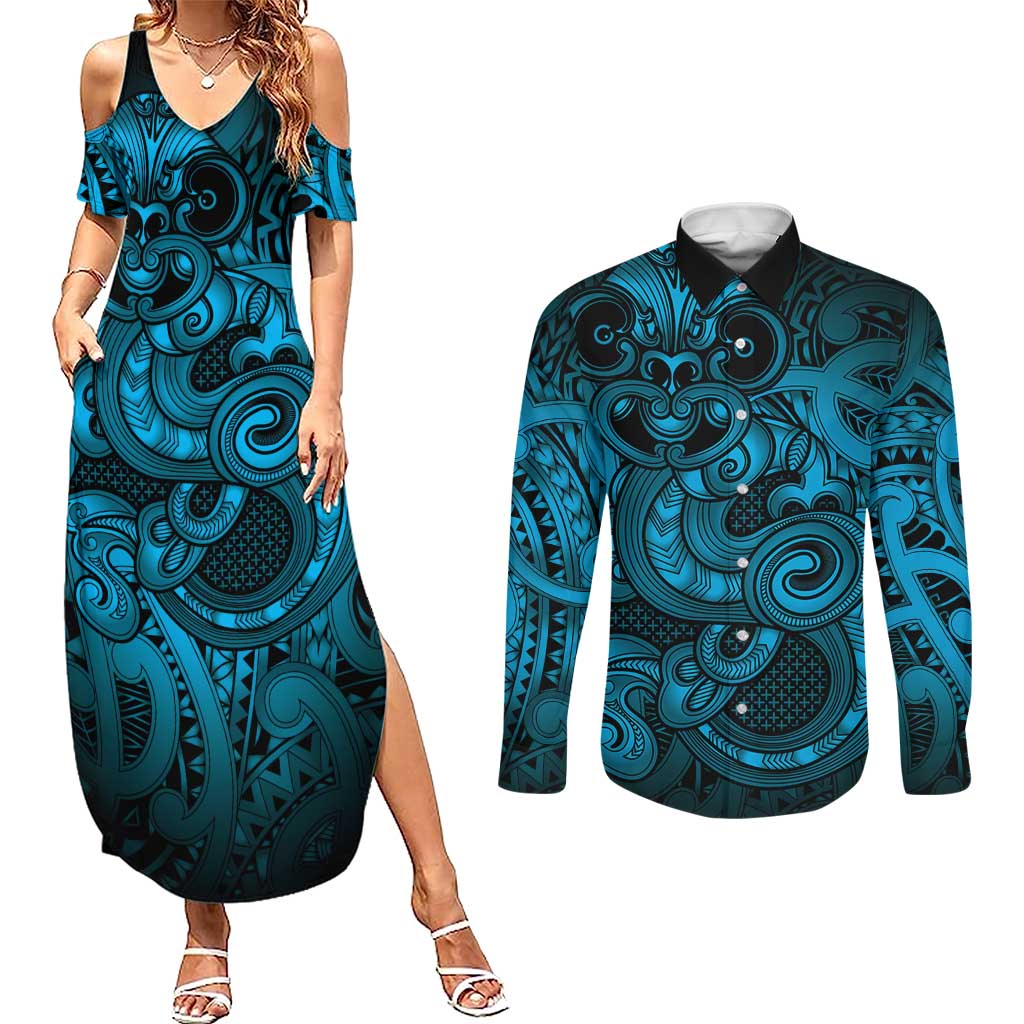 Aotearoa Maori Hei Tiki Couples Matching Summer Maxi Dress and Long Sleeve Button Shirt Kikorangi Kowhaiwhai Puhoro Motif