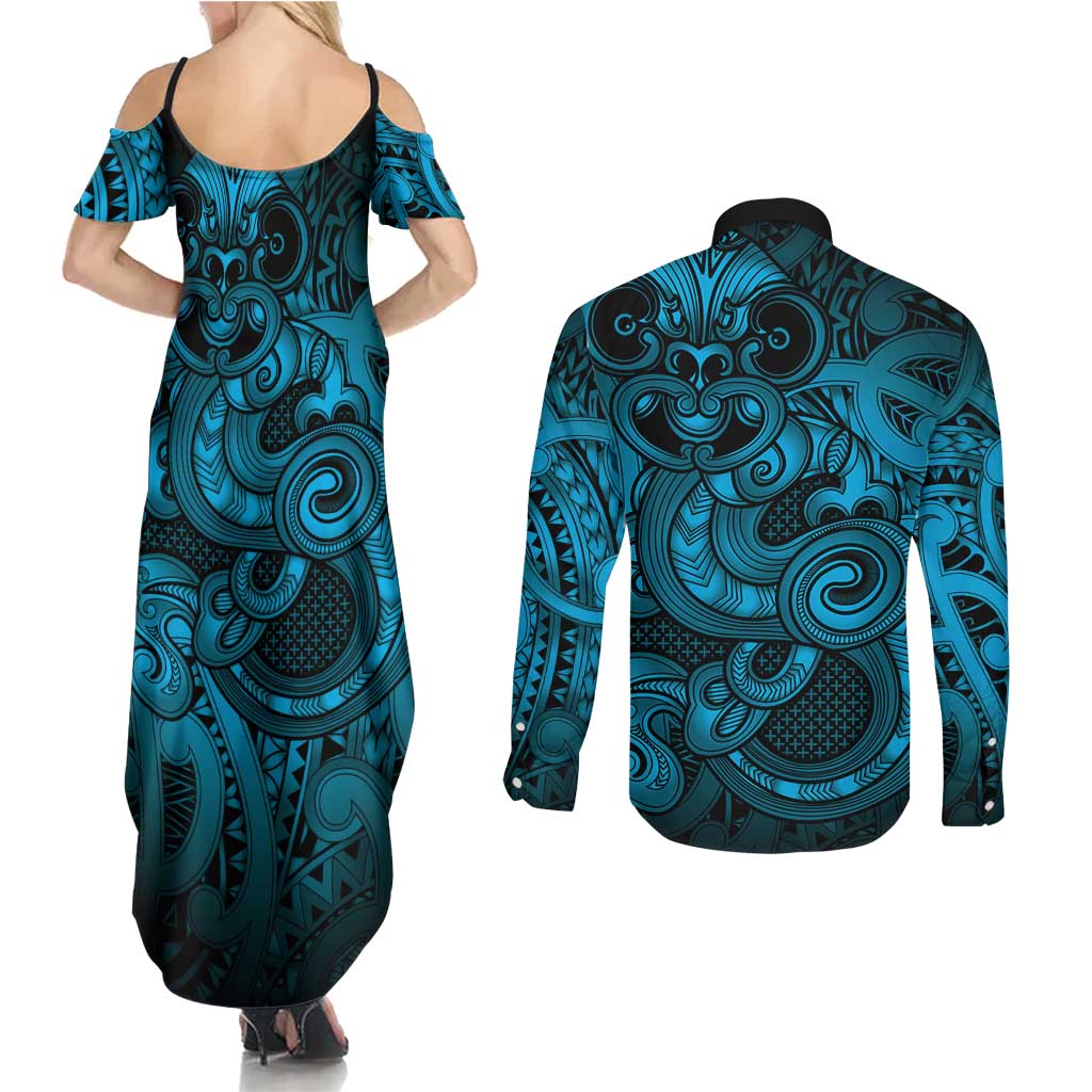 Aotearoa Maori Hei Tiki Couples Matching Summer Maxi Dress and Long Sleeve Button Shirt Kikorangi Kowhaiwhai Puhoro Motif LT9 - Polynesian Pride