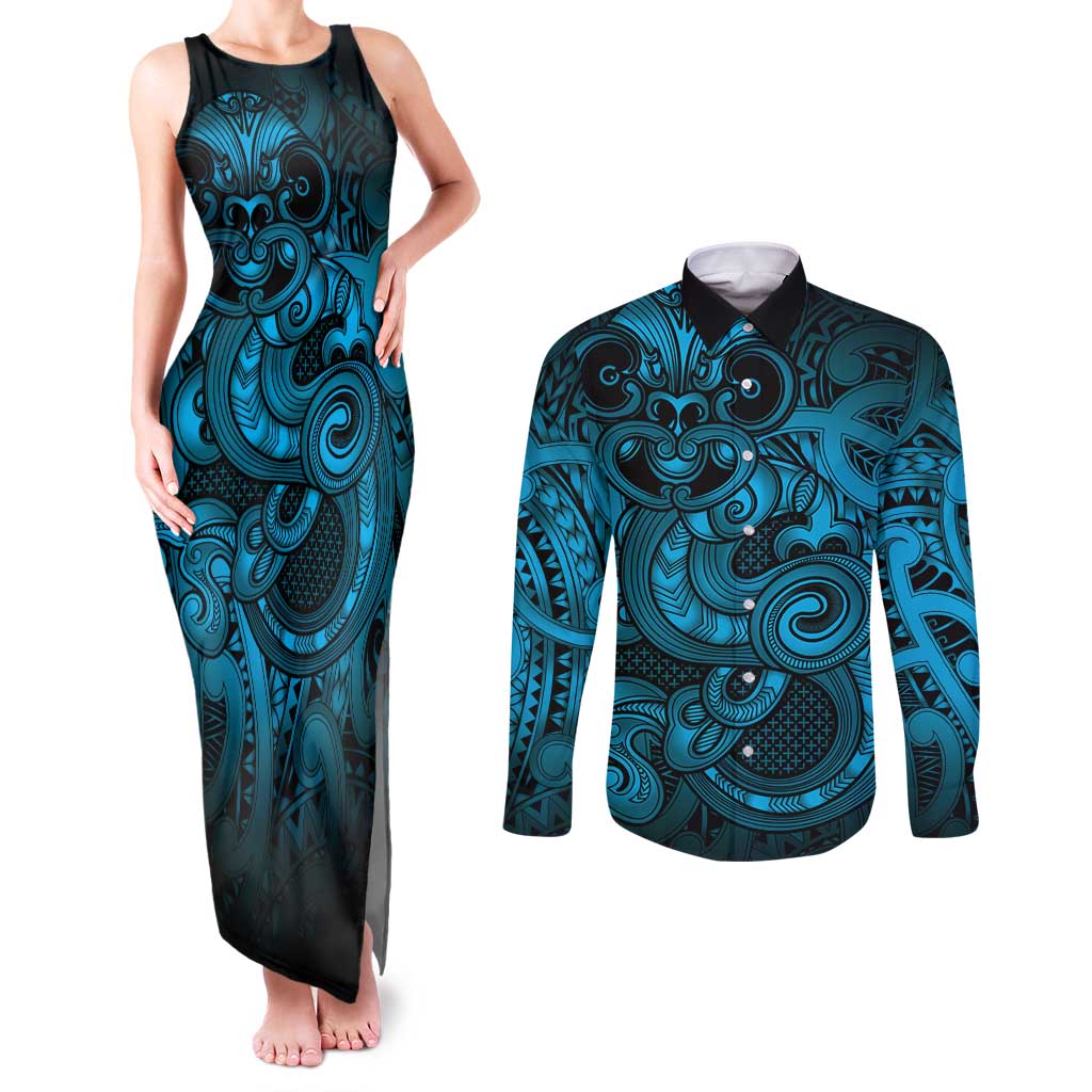 Aotearoa Maori Hei Tiki Couples Matching Tank Maxi Dress and Long Sleeve Button Shirt Kikorangi Kowhaiwhai Puhoro Motif LT9 Blue - Polynesian Pride