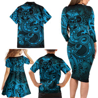 Aotearoa Maori Hei Tiki Family Matching Long Sleeve Bodycon Dress and Hawaiian Shirt Kikorangi Kowhaiwhai Puhoro Motif LT9 - Polynesian Pride