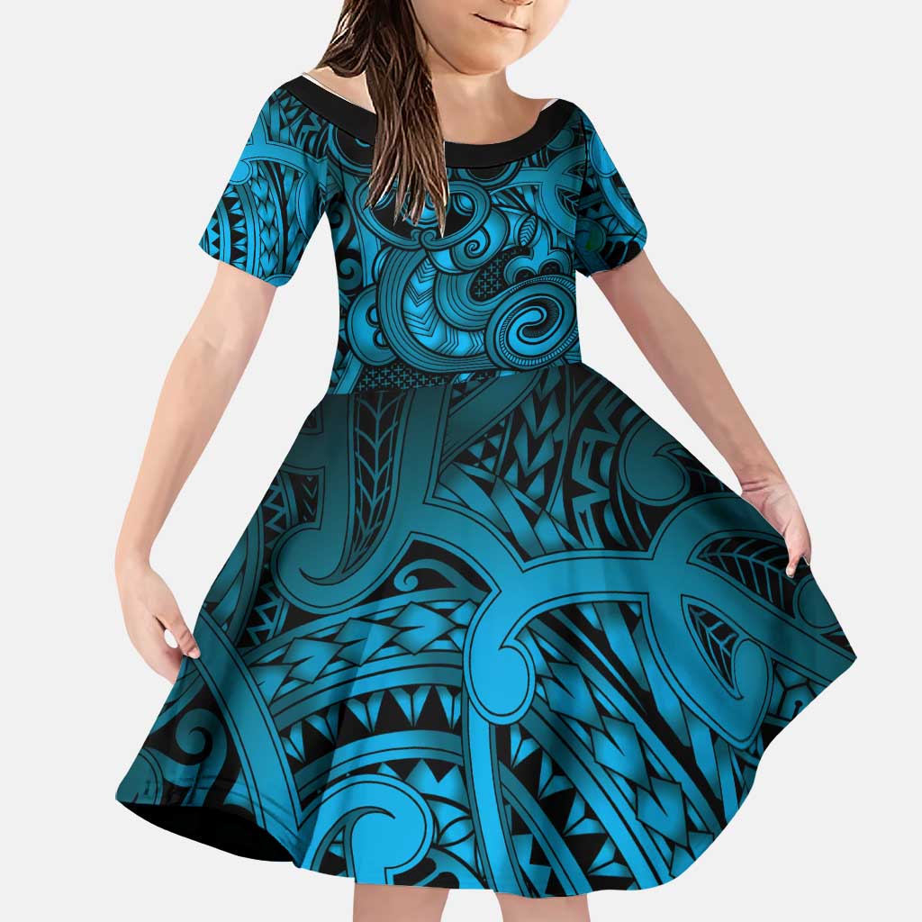 Aotearoa Maori Hei Tiki Family Matching Puletasi and Hawaiian Shirt Kikorangi Kowhaiwhai Puhoro Motif LT9 Daughter's Dress Blue - Polynesian Pride