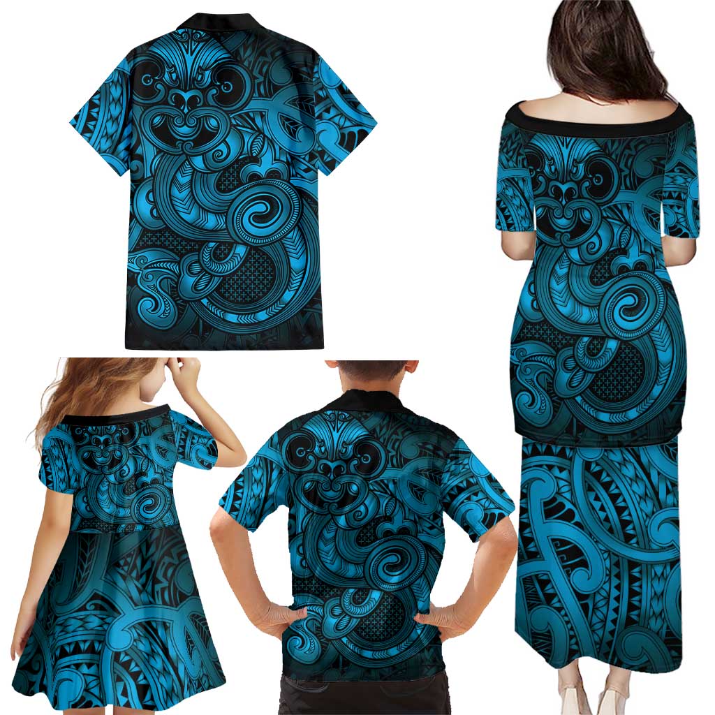 Aotearoa Maori Hei Tiki Family Matching Puletasi and Hawaiian Shirt Kikorangi Kowhaiwhai Puhoro Motif LT9 - Polynesian Pride