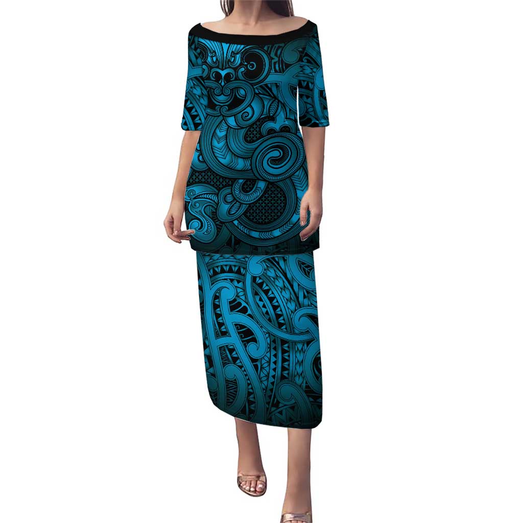 Aotearoa Maori Hei Tiki Family Matching Puletasi and Hawaiian Shirt Kikorangi Kowhaiwhai Puhoro Motif LT9 Mom's Dress Blue - Polynesian Pride