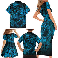 Aotearoa Maori Hei Tiki Family Matching Short Sleeve Bodycon Dress and Hawaiian Shirt Kikorangi Kowhaiwhai Puhoro Motif LT9 - Polynesian Pride