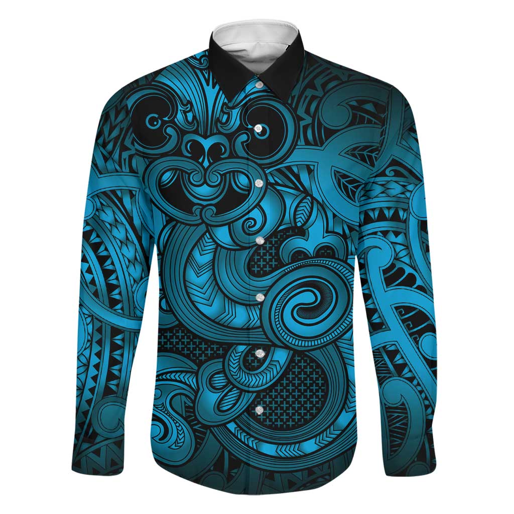 Aotearoa Maori Hei Tiki Family Matching Short Sleeve Bodycon Dress and Hawaiian Shirt Kikorangi Kowhaiwhai Puhoro Motif LT9 Dad's Shirt - Long Sleeve Blue - Polynesian Pride