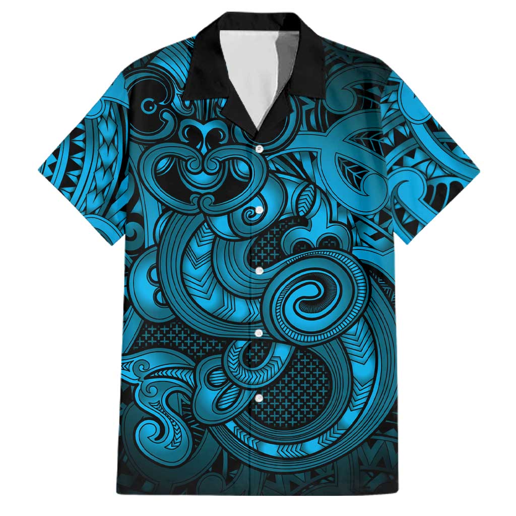 Aotearoa Maori Hei Tiki Family Matching Summer Maxi Dress and Hawaiian Shirt Kikorangi Kowhaiwhai Puhoro Motif LT9 Dad's Shirt - Short Sleeve Blue - Polynesian Pride
